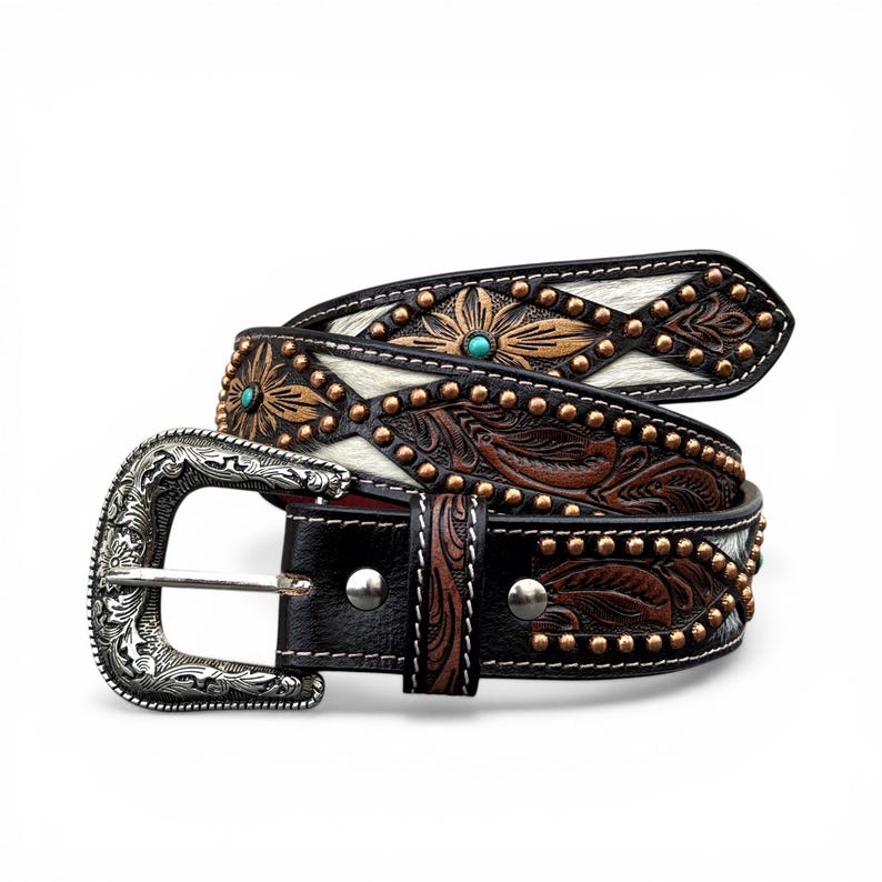 Women's Western Belt Hair On Hide, Turquoise & Copper Studded Cowgirl Belt, Floral Tooled Boho Belt, Personalized Handmade Western Gift image 1