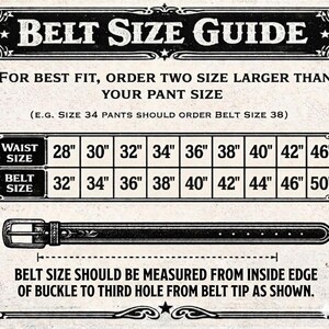 May include: A vintage-style belt size guide with the text "BELT SIZE GUIDE" at the top. The guide includes a chart showing waist sizes from 28" to 46" and corresponding belt sizes from 32" to 50". A diagram illustrates how to measure a belt.
