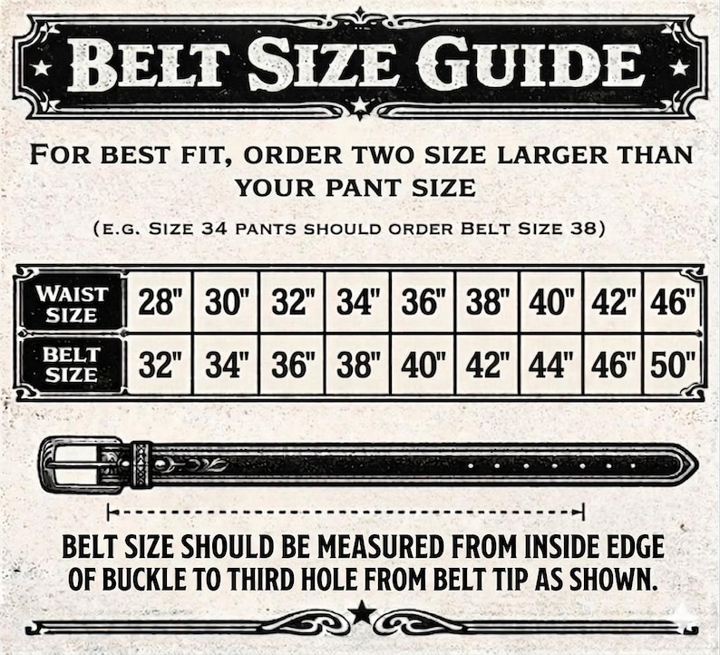 May include: A vintage-style belt size guide with the text "BELT SIZE GUIDE" at the top. The guide includes a chart showing waist sizes from 28" to 46" and corresponding belt sizes from 32" to 50". A diagram illustrates how to measure a belt.
