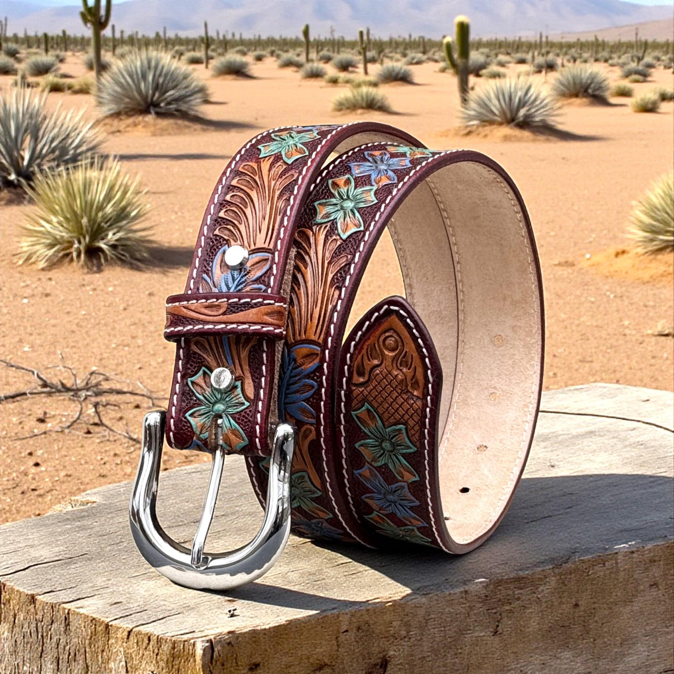 Vintage‎ Nordstrom Western Horse Detailed Brown Red Burgundy Leather Belt Another Belt out the door, lined with a brown crazy horse  main image 2