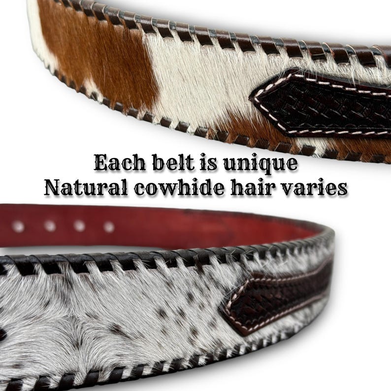 May include: Close-up of two cowhide belts. One belt has brown and white hair, the other has white and black hair. Both belts have a dark brown leather backing and black stitching. The text "Each belt is unique Natural cowhide hair varies" is visible.