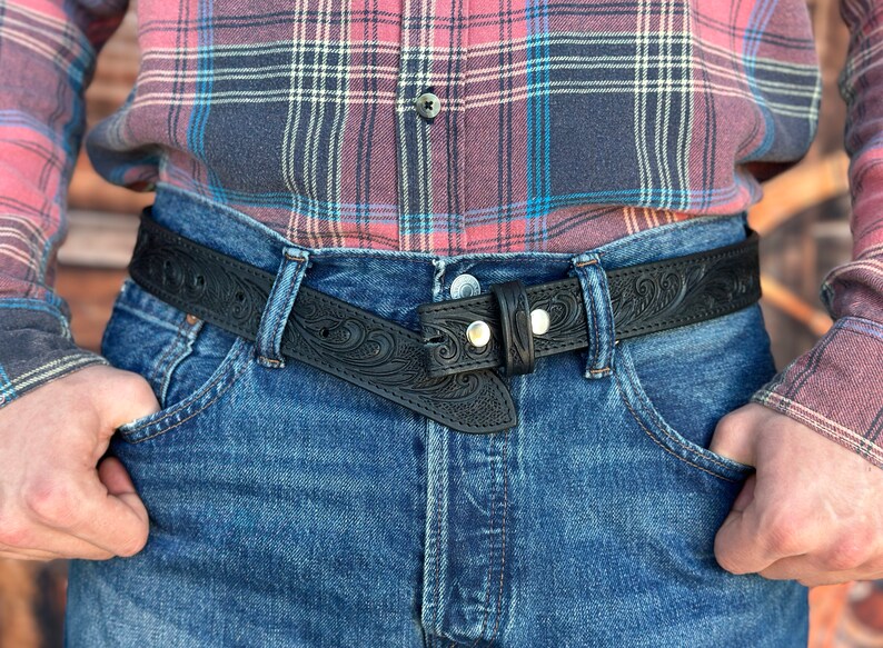 genuine full grain leather embossed country style belt for men