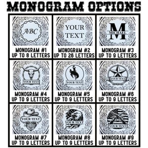 May include: A grid of nine monogram options with decorative borders. Each design features a central image or text area, including letters, a cowboy, and an eagle. Text at the top reads "MONOGRAM OPTIONS".