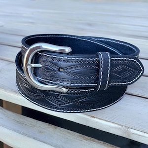 Western Leather Belt for Men Tooled Personalized Belt with Western Handmade Buckle Cowboy Rodeo Engraved 1.5&quot; Wide Full Grain Leather Belt