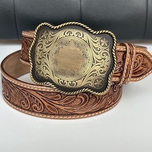 Western Leather Belt for Men Tooled Western Floral Handmade Belt with Buckle Personalized Cowboy Rodeo Engraved Full Grain Leather 1.5&quot; Wide