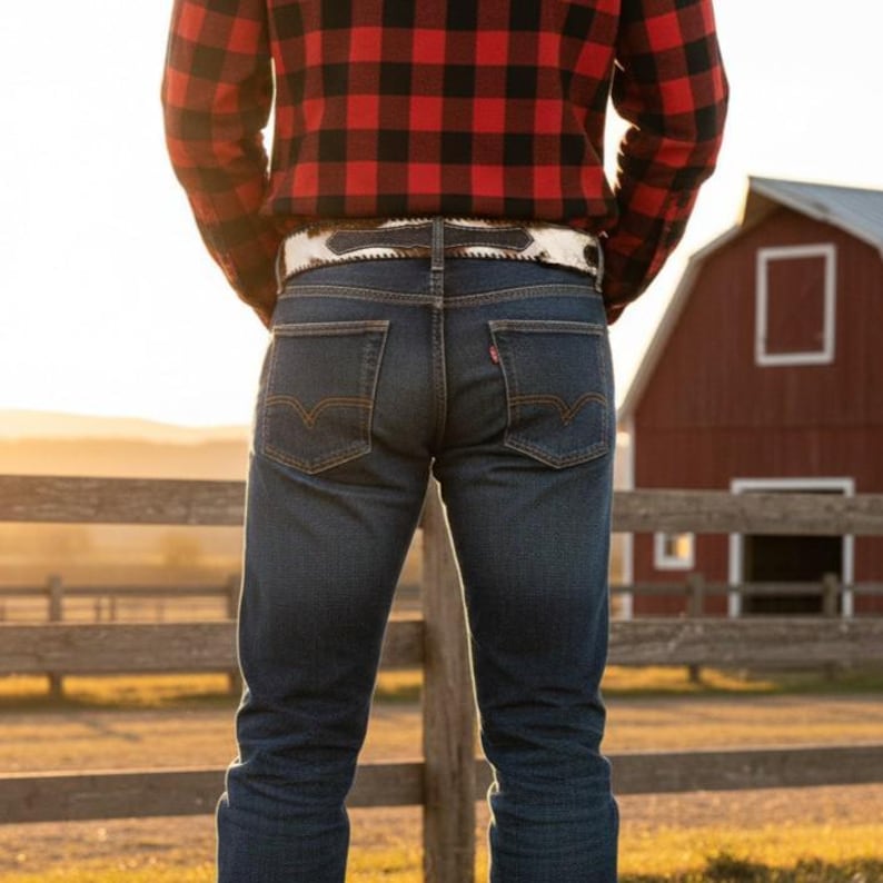May include: Dark wash denim jeans with a red Levi's tag on the back pocket. The person is wearing a black and white cowhide belt and a red and black plaid shirt. A wooden fence and a red barn are in the background.