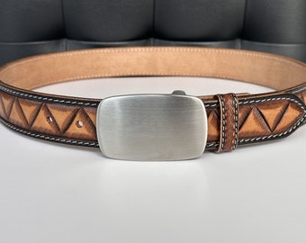 Western Genuine Leather Belt Men's Embossed Personalized Belt with Western Handmade Buckle for Men Cowboy Engraved 1.5" Full Grain Leather