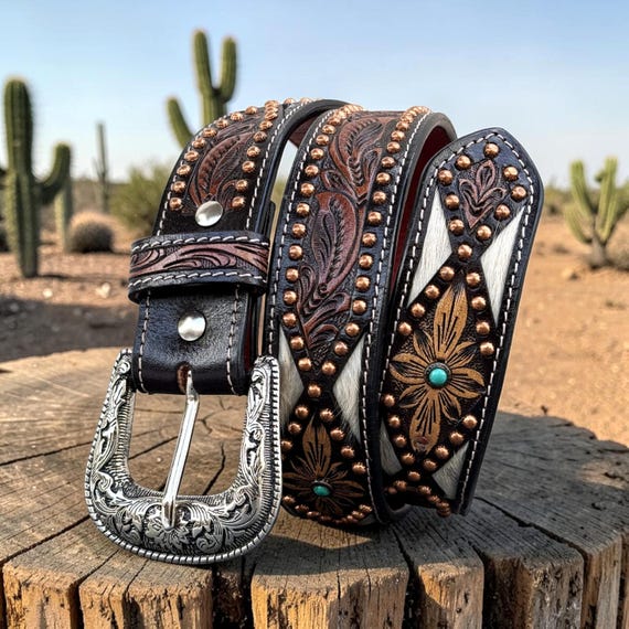 Women's Western Belt Hair On Hide, Turquoise & Copper Studded Cowgirl Belt, Floral Tooled Boho Belt, Personalized Handmade Western Gift