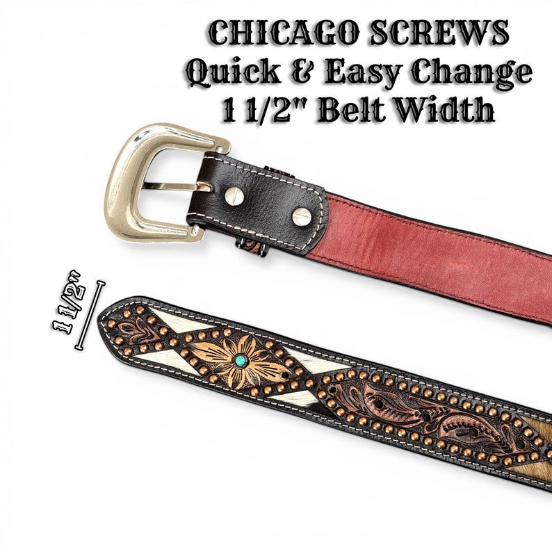 May include: A detailed view of a brown leather belt with a silver buckle. The belt features decorative floral and geometric patterns, a turquoise stone, and the text "CHICAGO SCREWS Quick & Easy Change 1 1/2" Belt Width".