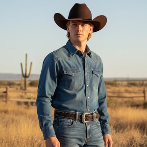 May include: A person wearing a brown cowboy hat, denim shirt, and jeans, standing in a field. The shirt has two chest pockets and button closures. A brown leather belt with a silver buckle is worn with the jeans. A cactus and wooden fence are in the background.