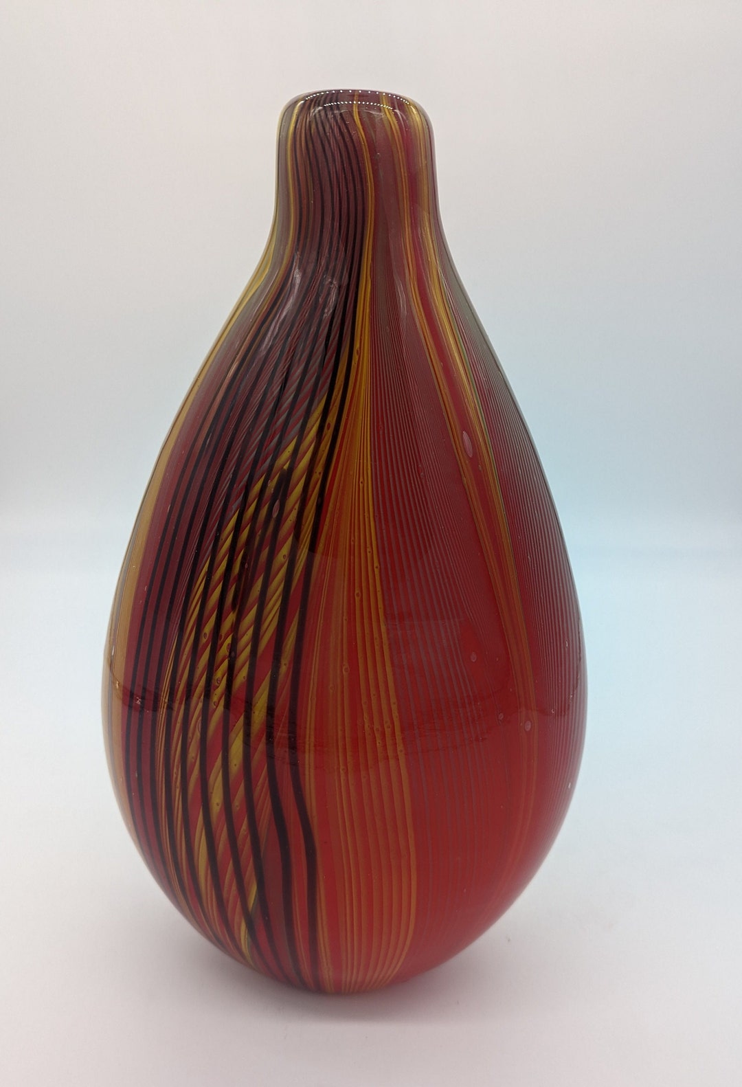 Murano Glass Art Vase Red Yellow Black Feather Etsy