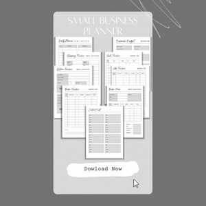 May include: A black and white printable small business planner with a variety of worksheets including a daily planner, shipping tracker, return tracker, order tracker, sales tracker, ad tracker, order form, and contact list. The planner is designed to help small business owners organize their business.