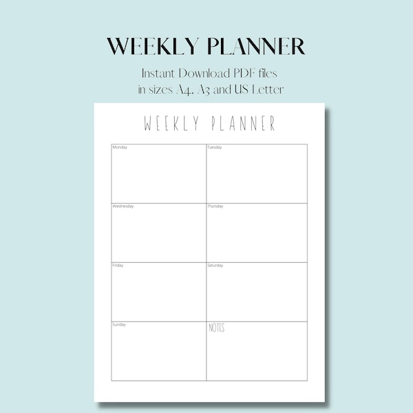 Weekly Planner l Minimalist Planner l Clean, neat and simple style l Portrait l Printable in sizes A4, A3 and US Letter