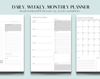 Daily planner, weekly planner, monthly planner l Life planner l Printable pdf l Undated l Minimalist l A4, A5, Letter, Half-letter