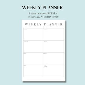 May include: A black and white weekly planner printable with the text "Weekly Planner" at the top and the days of the week listed in a grid format. The planner includes a notes section at the bottom.
