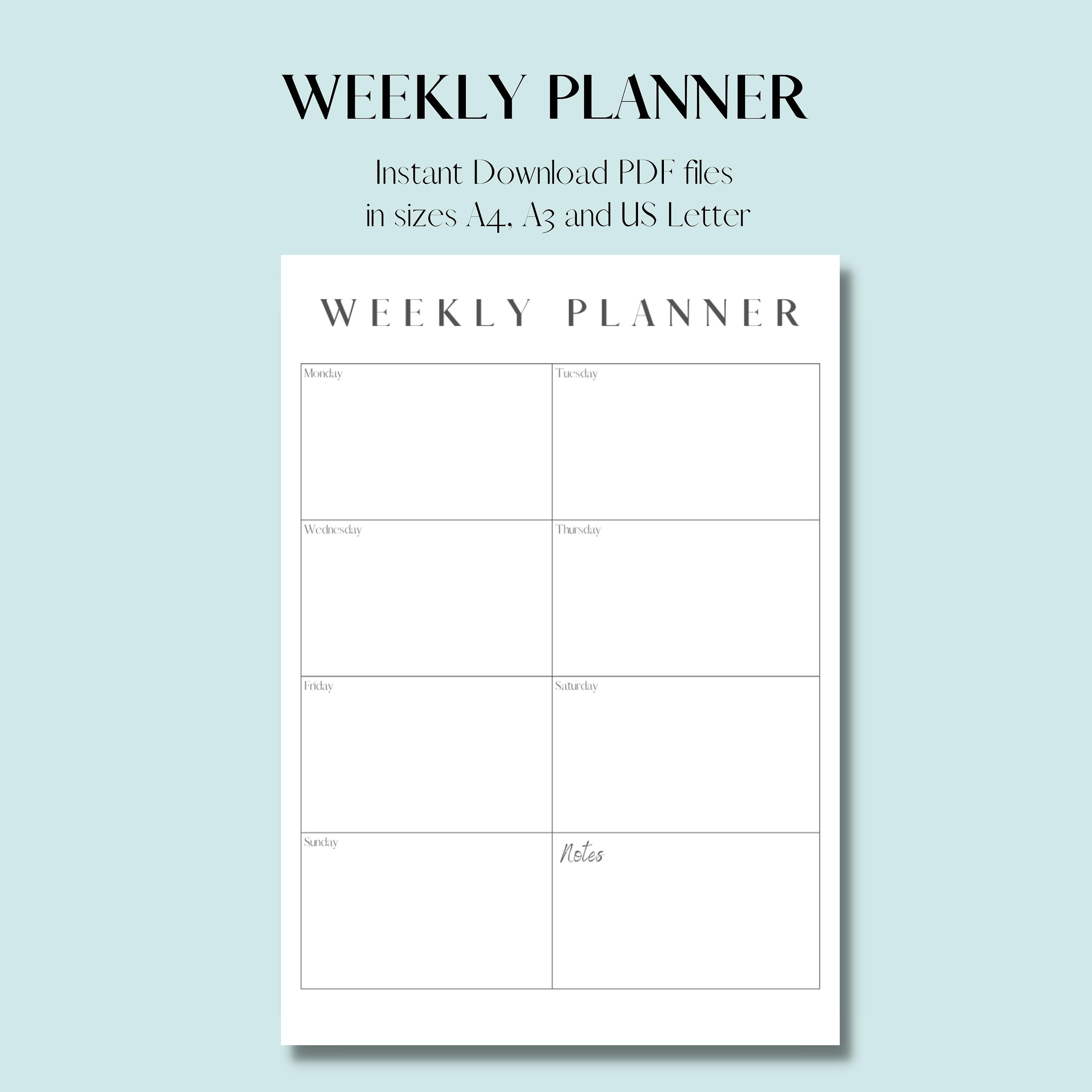 Weekly Planner l Minimalist Planner l Clean, neat and simple style l Portrait l Printable in sizes A4, A3 and US Letter
