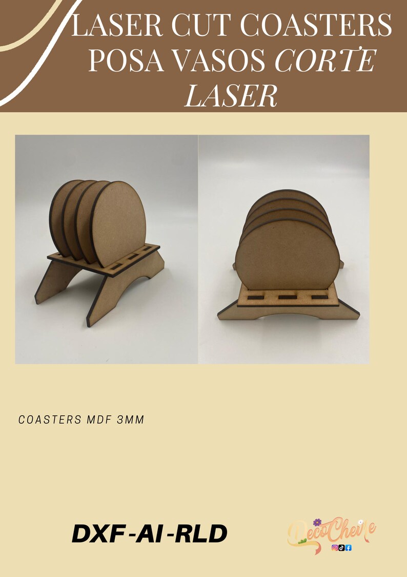 May include: Set of four laser cut wooden coasters with a stand. The coasters are 3mm thick MDF and are designed to hold glasses or cups. The stand is made of the same material and has a curved shape. The image includes the text "LASER CUT COASTERS POSA VASOS CORTE LASER" and "COASTERS MDF 3MM".