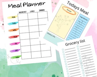 Weekly Meal Planner, Grocery List, Daily Meal Planner