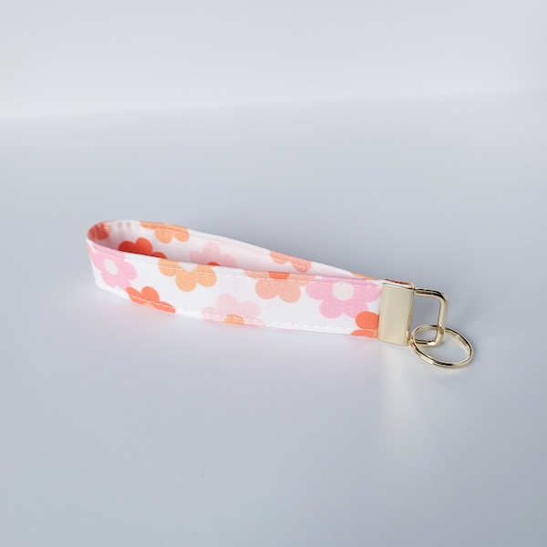 White, Orange and Pink Daisy Key Fob Wristlet, Floral, Daisy, Groovy Retro Keychain, Y2K, Handmade