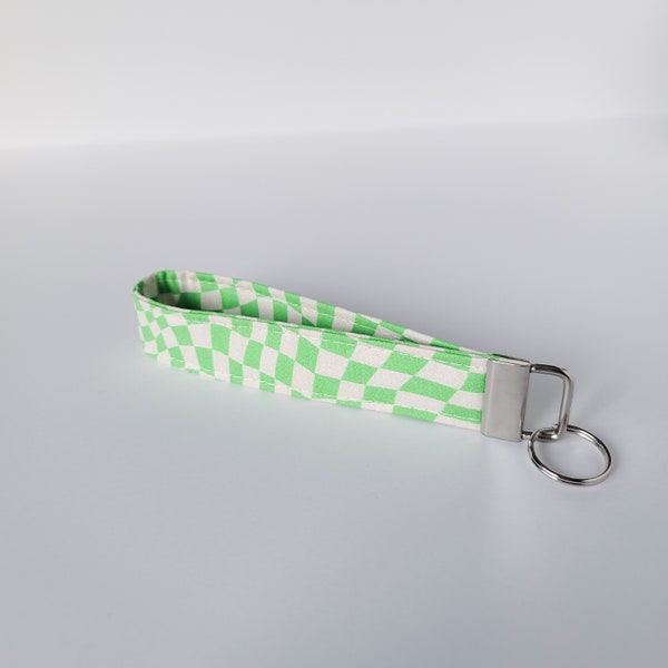 Green and White Wavy Checkered Key Fob Wristlet, Groovy Retro Keychain, Y2K, Handmade