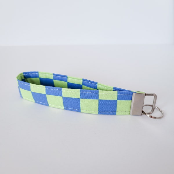 Green & Blue Checkered Key Fob Wristlet, Groovy Retro Keychain, Y2K, Handmade