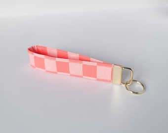 Coral & Pink Checkered Key Fob Wristlet, Groovy Retro Keychain, Handmade