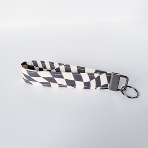 Black and White Wavy Checkered Key Fob Wristlet, Groovy Retro Keychain, Handmade