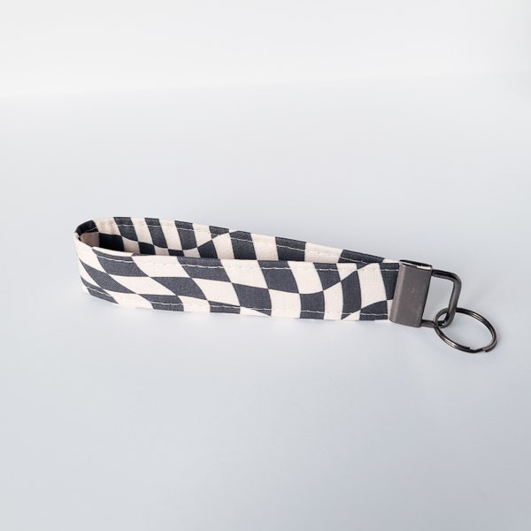 Black and White Wavy Checkered Key Fob Wristlet, Groovy Retro Keychain, Handmade