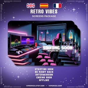 May include: Digital illustration for a screens package with a retro gaming theme. The image shows a gaming setup with two monitors, a keyboard, and a pink gaming chair. Text includes "Retro Vibes" and "Starting Soon".