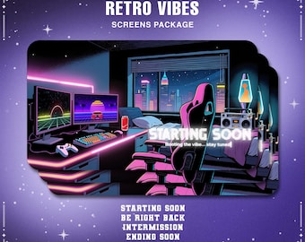 Retro 80er Jahre Neon Twitch Overlay: Animierte Stream Leinwände (Englisch, Französisch, Spanisch) (Digital Download