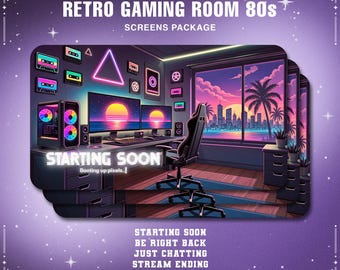 May include: A digital illustration of a retro gaming room with a vibrant 80s aesthetic. The scene includes a computer setup with multiple monitors, a gaming chair, and a window overlooking a sunset cityscape. Text includes "Retro Gaming Room 80s" and "Starting Soon."