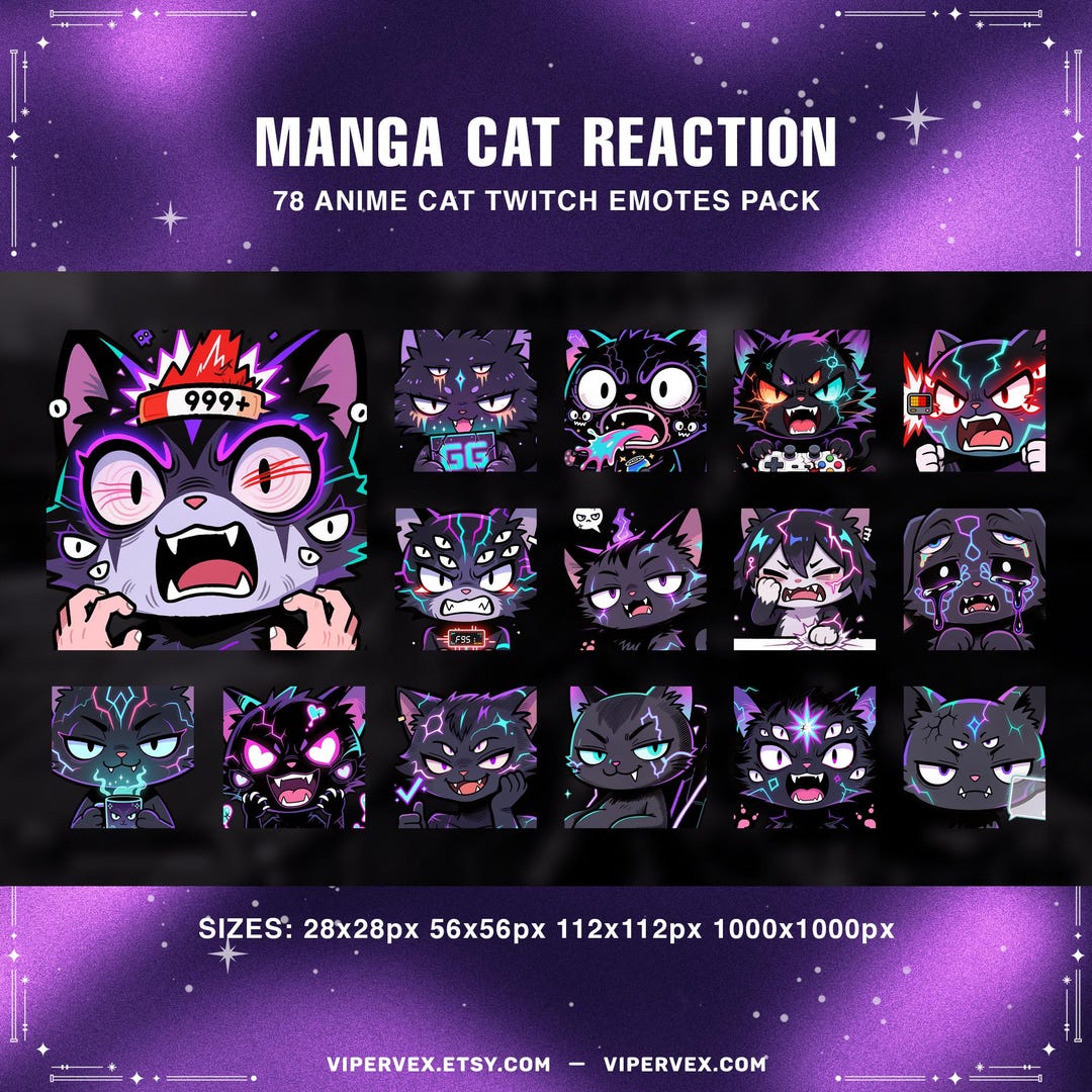 Cat Reactions Twitch Emotes Pack | Feline Gaming Emoji Set 78 Designs ...