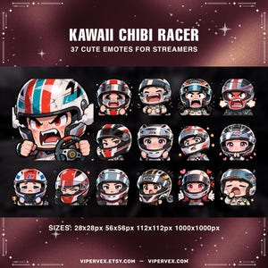 May include: A digital graphic showcasing 16 chibi racer emotes with diverse expressions, all wearing racing helmets. The text "KAWAII CHIBI RACER" and "37 CUTE EMOTES FOR STREAMERS" are displayed at the top. The image also includes size specifications.