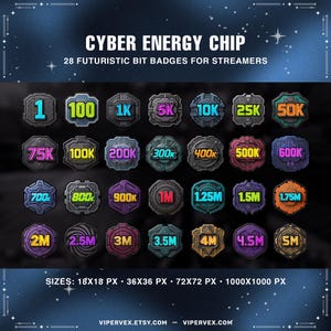 Può includere: Una collezione di 28 distintivi di bit futuristici per streamer, ognuno con un design e una combinazione di colori unici. I distintivi mostrano numeri che vanno da 1 a 5M, con varie dimensioni disponibili. Il testo "CYBER ENERGY CHIP" e "28 FUTURISTIC BIT BADGES FOR STREAMERS" è in alto.