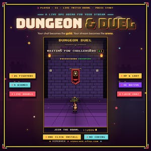 May include: A pixelated graphic for "Dungeon & Duel," a live RPG arena for streaming. The design features a game interface with text like "Waiting for Challengers" and "Join the Brawl." The color scheme includes purple, gold, and red.