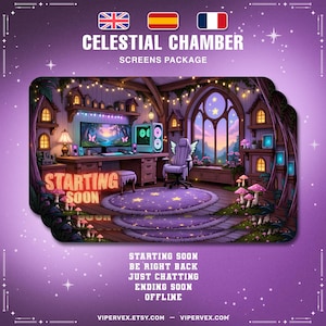 May include: Digital art of a cozy gaming room with a celestial theme. The room features a computer setup, a winged chair, and a starry rug. Text includes "Celestial Chamber" and "Screens Package", along with streaming status options like "Starting Soon".