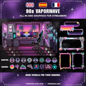 May include: A digital graphic design with a 90s Vaporwave theme, featuring a streamer's room with neon accents, palm trees, and the text "Starting Soon" on a monitor. Includes emotes, badges, and text that reads "Neon Visuals for Your Channel".