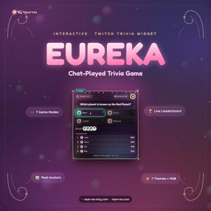 May include: An interactive Twitch trivia widget titled EUREKA, a chat-played trivia game by ViperVex. The interface displays a multiple-choice question about the Red Planet, a live leaderboard, 7 game modes, real avatars, and 7 themes with RGB.