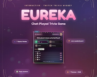 May include: An interactive Twitch trivia widget titled EUREKA, a chat-played trivia game by ViperVex. The interface displays a multiple-choice question about the Red Planet, a live leaderboard, 7 game modes, real avatars, and 7 themes with RGB.