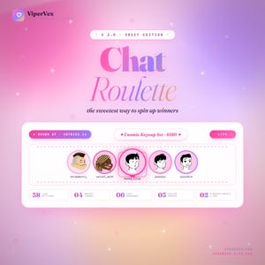 Pode incluir: Gráfico digital com um fundo gradiente rosa e roxo. O texto "Chat Roulette" é exibido em letras grandes e rosa. Abaixo, uma caixa branca mostra avatares e nomes de usuário. O texto "the sweetest way to spin up winners" também é visível.