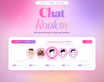 May include: A digital graphic with a pink and purple gradient background. The text "Chat Roulette" is displayed in large, pink letters. Below, a white box shows avatars and user names. The text "the sweetest way to spin up winners" is also visible.