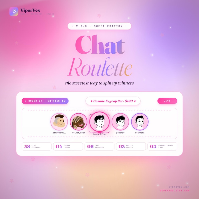 Chat roulette twitch widget designed for live streaming giveaways and viewer engagement, allowing streamers to randomly select participants from chat. Compatible with OBS, Streamlabs, and StreamElements, this interactive overlay enhances audience interaction and creates exciting moments for Twitch, YouTube, and Kick streams.
