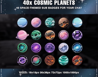 Op de afbeelding: Een verzameling van 20 cirkelvormige kosmische planeetontwerpen in verschillende kleuren, waaronder blauw, roze, groen en bruin. De tekst "40x COSMIC PLANETS" en "40 SPACE-THEMED SUB BADGES FOR YOUR CHAT" wordt bovenaan weergegeven. De afbeelding bevat ook maat informatie en een websiteadres.