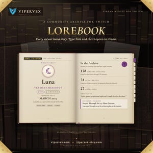 Może przedstawiać: Widżet strumieniowy Lorebook dla Twitcha od Vipervex, przedstawiający otwartą książkę z profilem Luny, weterana społeczności. Strona wyświetla statystyki, takie jak 178 obejrzanych transmisji, 34 utworzone klipy i 27 podarowanych subskrypcji.