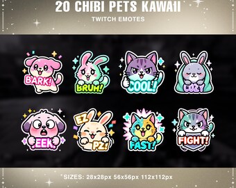 May include: A collection of 20 chibi pet kawaii Twitch emotes. The emotes feature various cartoon animals, including dogs, cats, and rabbits, with expressions like "BARK!", "COOL!", and "FIGHT!". The image also includes size information.