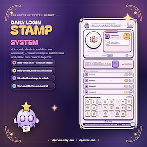 Könnte beinhalten: Eine digitale Grafik für ein Twitch-Widget mit einem "Daily Login Stamp System". Das Design umfasst ein lila und goldenes Farbschema mit Text und Symbolen für tägliche Streaks, Meilensteine und sammelbare Stempel. Das Widget ist für die Arbeit mit OBS, Streamlabs und SE konzipiert.