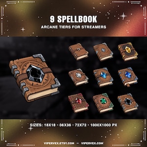 Może przedstawiać: Dziewięć ilustrowanych ksiąg zaklęć z brązowymi okładkami, metalowymi akcentami i detalami z kamieni szlachetnych. Książki ułożone są w siatkę, każda z unikalnym kolorem klejnotu. U góry tekst "9 Spellbook Arcane Tiers for Streamers."