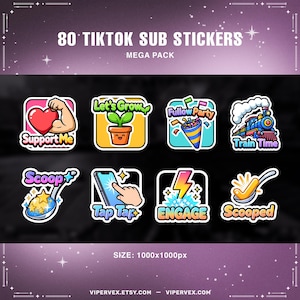 May include: A collection of 80 TikTok sub stickers, featuring various designs with text like "Support Me," "Let's Grow," and "Train Time." The stickers have a cartoon style with bright colors and playful illustrations, perfect for social media.