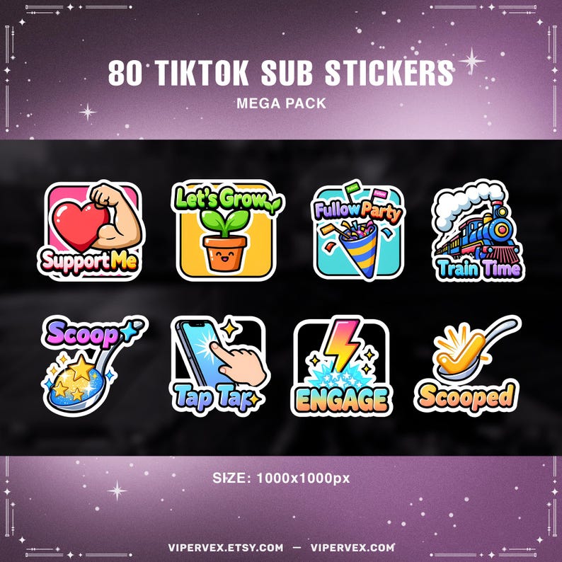 A preview image showing all 80 TikTok stickers arranged in a grid, including texts like "BOOSH," "Follow Me," "Let's Grow," and "Road to 50K."