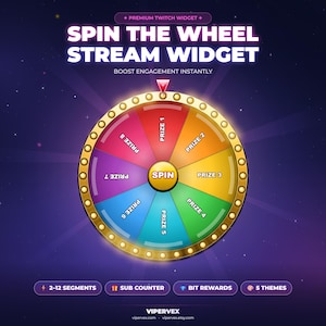 May include: A digital graphic of a colorful prize wheel with the text "Spin the Wheel Stream Widget." The wheel is divided into segments labeled "Prize 1" through "Prize 8." Additional text includes "Boost Engagement Instantly."